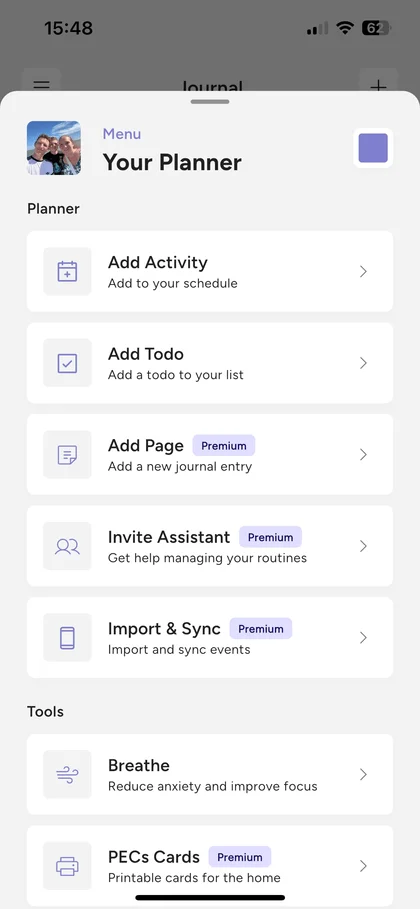 Planner screen showing reminders, routines, and alerts