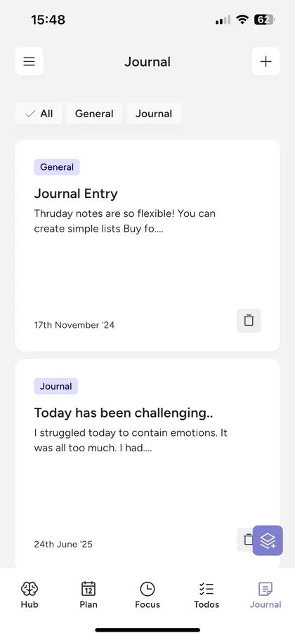 Journal screen for writing notes and brain dumps